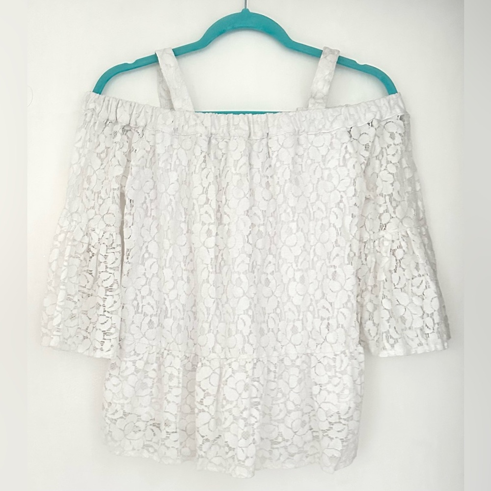 Kensie White Floral Lace Off-Shoulder Blouse with Straps Size Medium